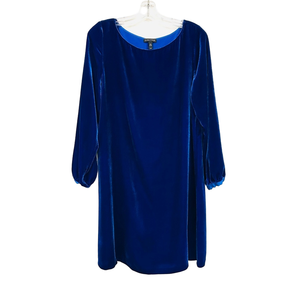 Eileen Fisher blue velour dress Medium round neck Aline silhouette long sleeve